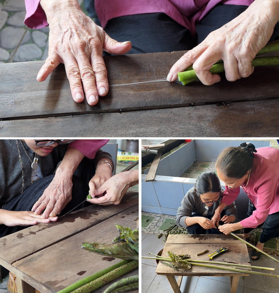 Silk artisan Phan Thi Thuan shows RMIT students how to craft lotus silk from delicate threads inside lotus stems.