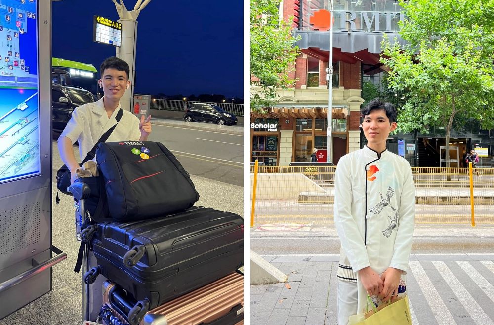 Tinh with suitcases and posing in city centre