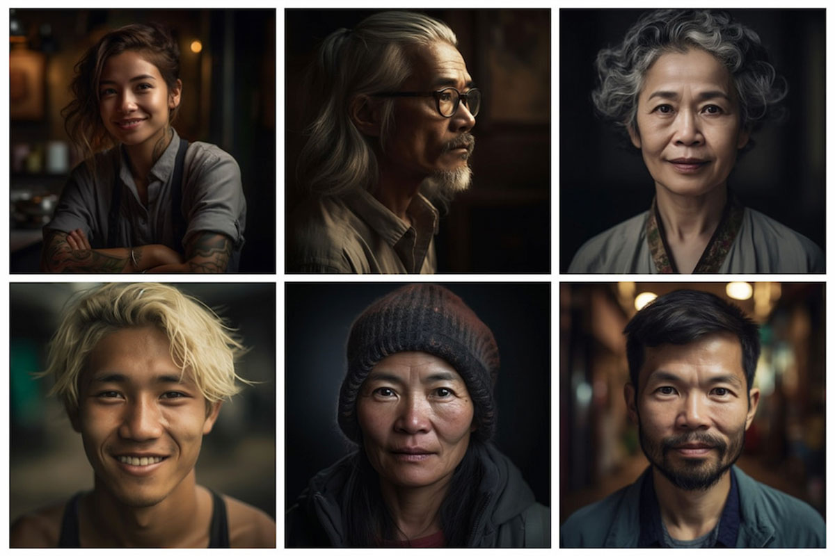 six ai generated portrait photos of people
