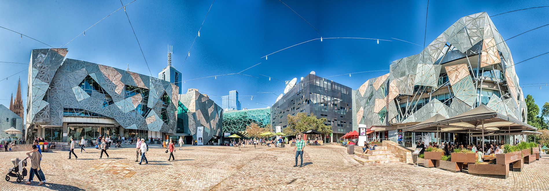 A panorama of the Federation Square Melbourne.